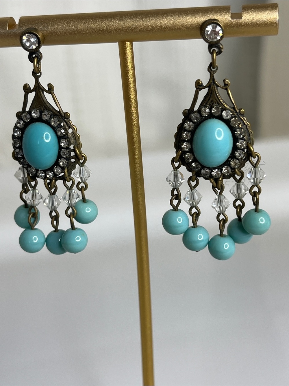Turquoise Bead Chandelier Earrings with Crystal Accents - Women Jewelry